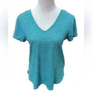 Threads 4 Thought Women’s Tee Medium Green and Blue Striped V neck